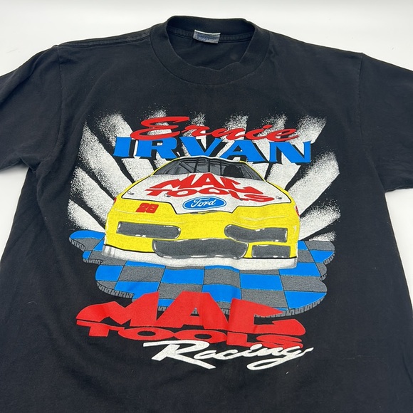 VINTAGE MAC TOOLS 90s ERNIE IRVAN MENS STREET WEAR T-SHIRT BLACK ALLOVER PRINT - Picture 6 of 11